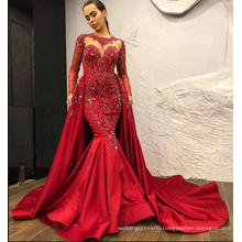 Latest Design High Quality Red Mature Sex Crystal Diamond Overskirt Long Evening Dress with Detachable Train
